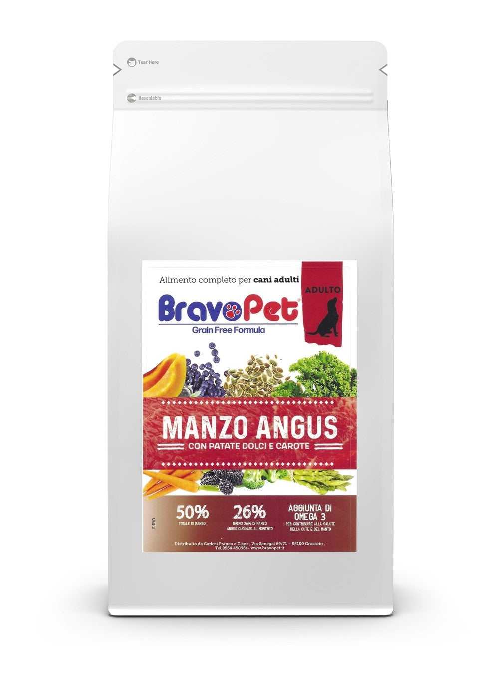 BRAVOPET DOG Grain Free Manzo Angus con patate dolci e carote - Cane adulto