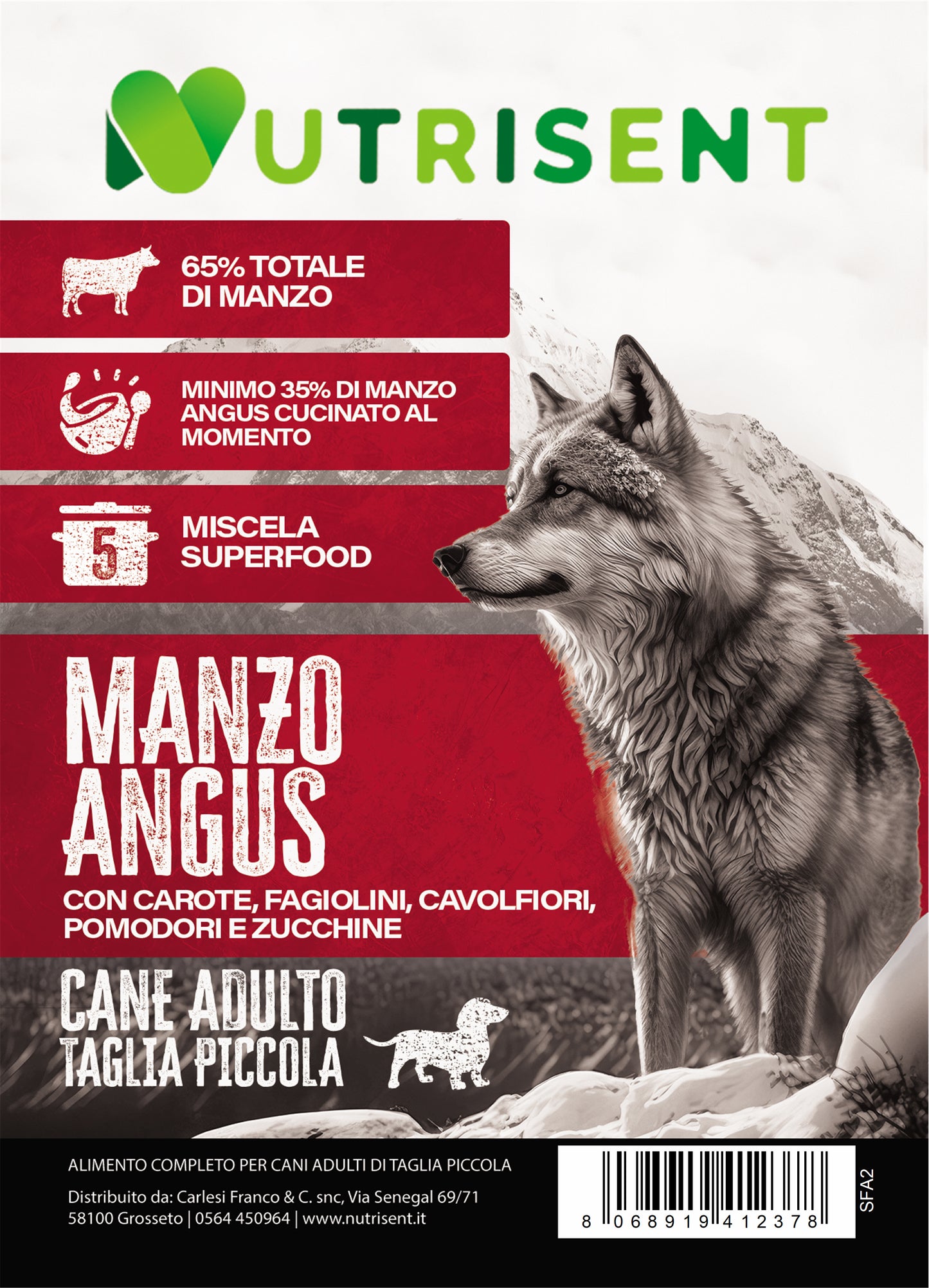 NUTRISENT Cane adulto Taglia Piccola Manzo Angus con Carote, Fagiolini, Cavolfiori, Pomodori e Zucchine