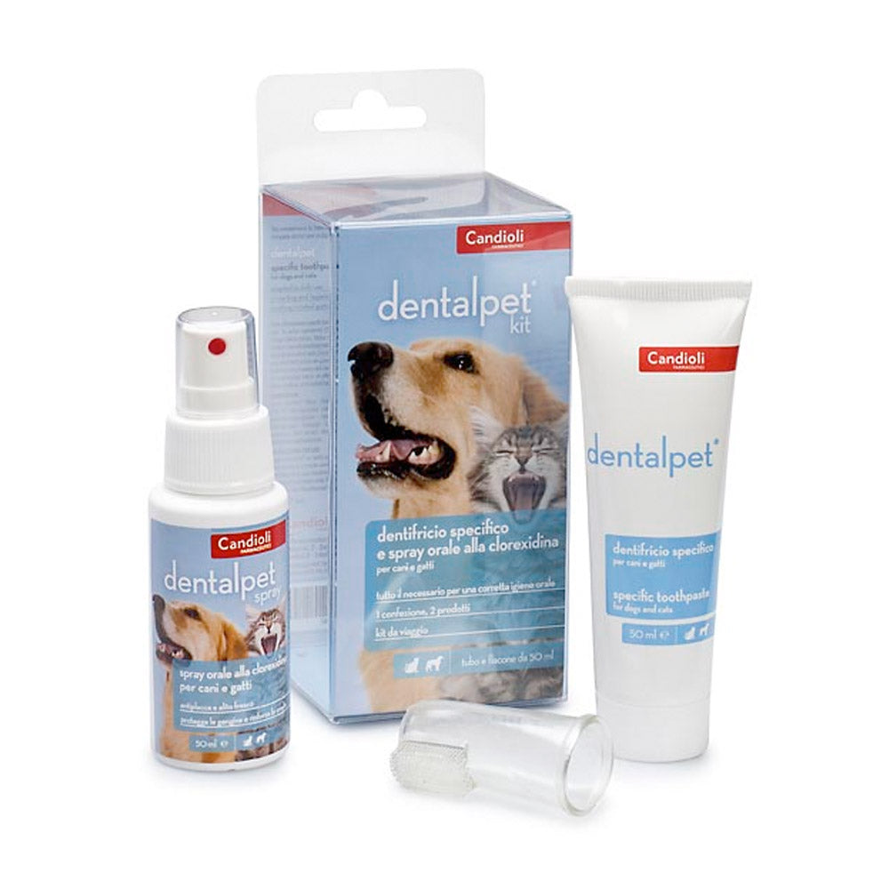 Dentalpet® Kit Tutto ciò che serve per gestire in modo completo le pratiche relative all’igiene orale del cane e del gatto Tubo da 50 ml + spray da 50 ml + 1 ditale