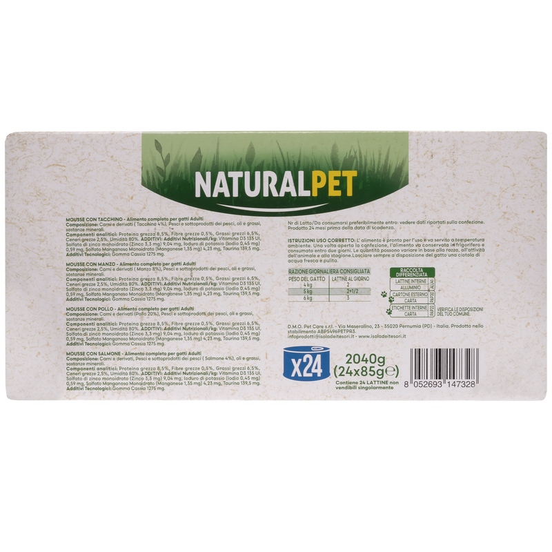 Naturalpet Cat Adult Mousse Multipack Tacchino, Manzo, Pollo e Salmone 85grx24pz