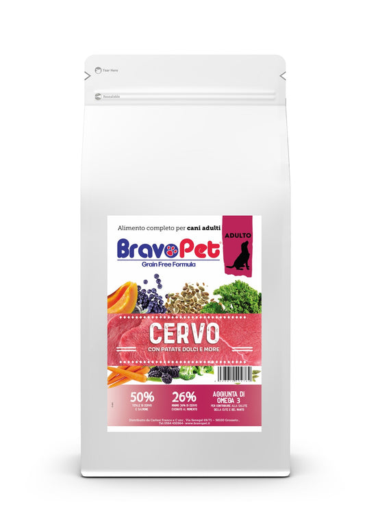 BRAVOPET DOG Grain Free Cervo con patate dolci e more - Cane adulto