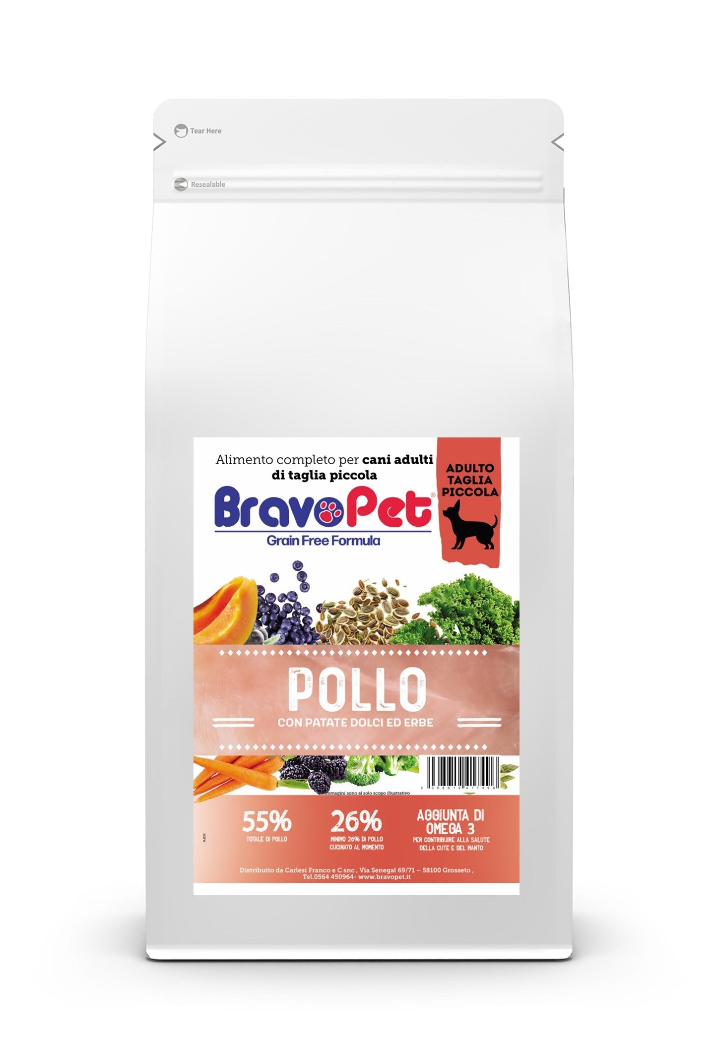 BRAVOPET DOG Grain Free Pollo,Patate dolci ed Erbe taglia piccola 2kg