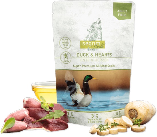ISEGRIM ANATRA E CUORE CON MIX DI VEGETALI, OLIO DI SEMI DI LINO ED ERBE DI CAMPO