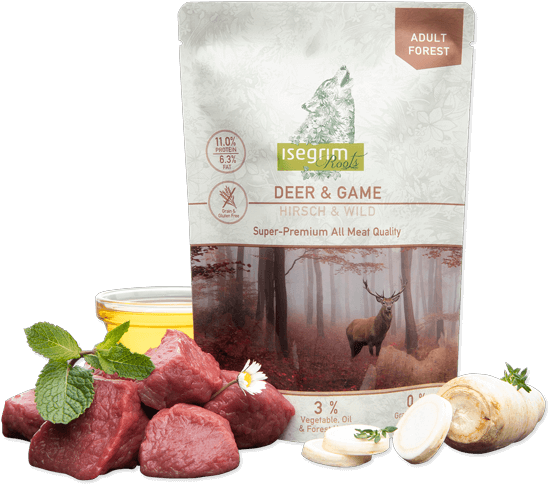 ISEGRIM CERVO E SELVAGGINA CON RADICE DI PREZZEMOLO, OLIO DI CARTAMO ED ERBE DELLA FORESTA 300GR