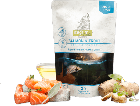 ISEGRIM SALMONE E TROTA CON TOPINAMBUR, OLIO DI CARTAMO ED ERBE DI FIUME 300GR