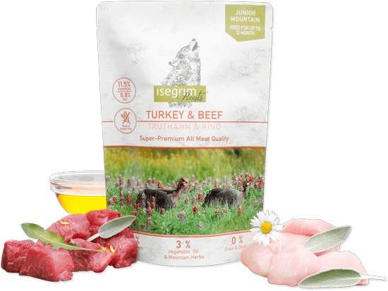 ISEGRIM TACCHINO E MANZO CON PATATA DOLCE, OLIO DI SALMONE ED ERBE DI MONTAGNA 300GR