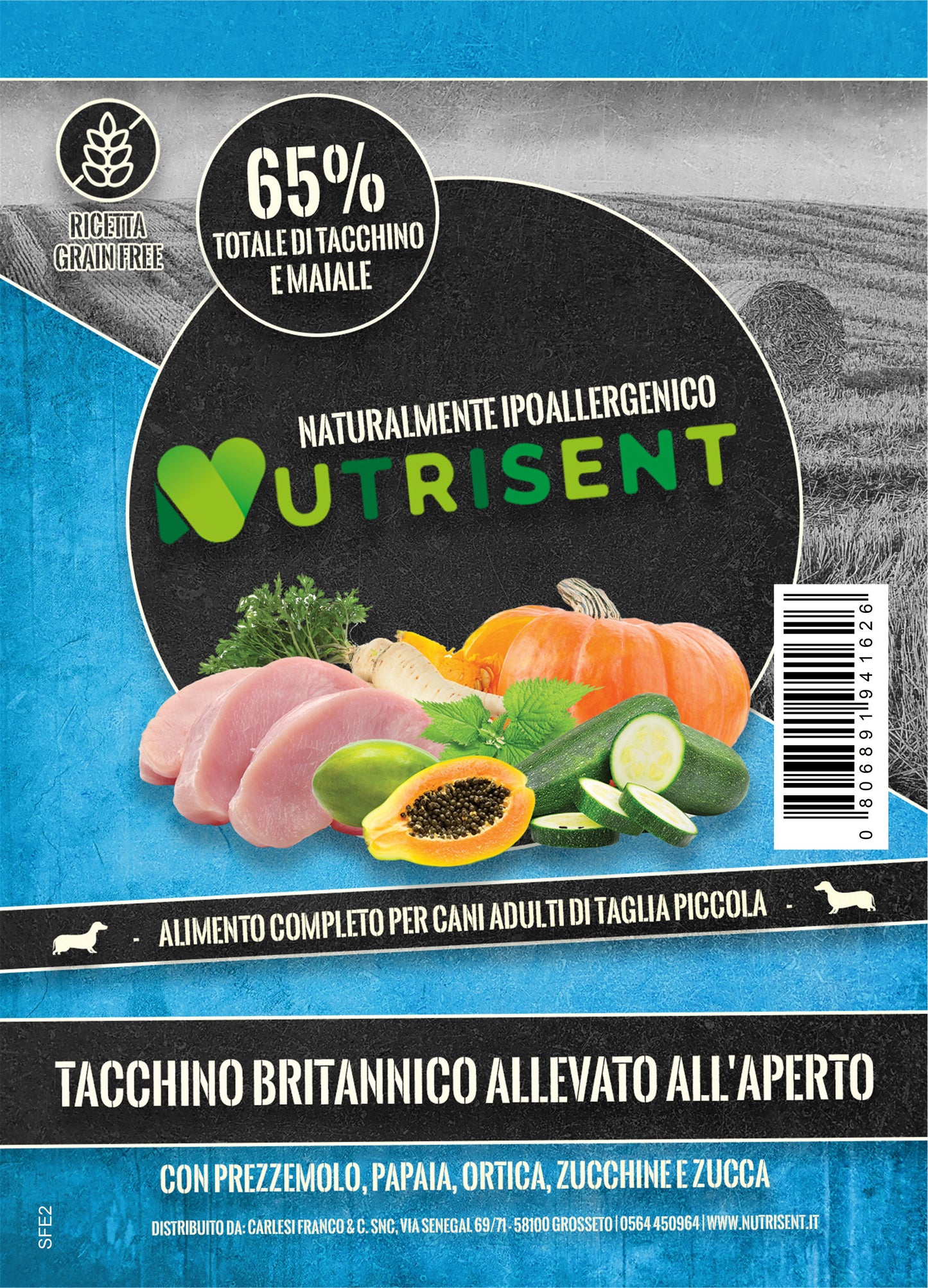 NUTRISENT Cane Adulto Taglia Piccola Tacchino Britannico allevato all’aperto con Prezzemolo, Papaia, Ortica, Zucchine e Zucca