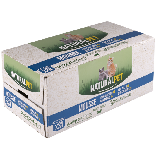 Naturalpet Cat Adult Mousse Multipack Tacchino, Manzo, Pollo e Salmone 85grx24pz