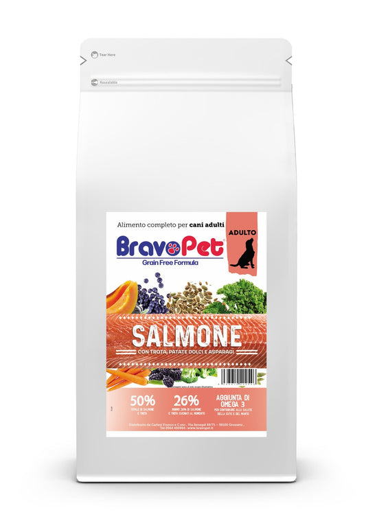 BRAVOPET DOG Grain Free Salmone Trota Patate dolci e asparagi adult medium/maxi