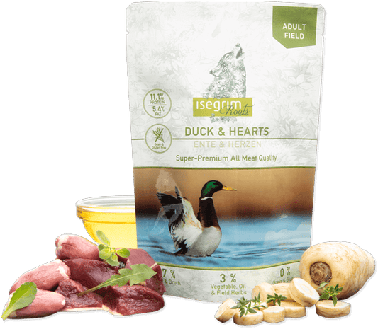 ISEGRIM ANATRA E CUORE CON MIX DI VEGETALI, OLIO DI SEMI DI LINO ED ERBE DI CAMPO