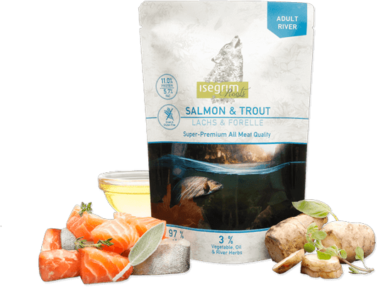 ISEGRIM SALMONE E TROTA CON TOPINAMBUR, OLIO DI CARTAMO ED ERBE DI FIUME 300GR