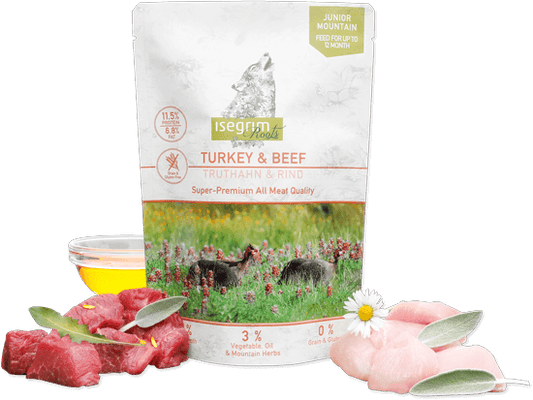 ISEGRIM TACCHINO E MANZO CON PATATA DOLCE, OLIO DI SALMONE ED ERBE DI MONTAGNA 300GR