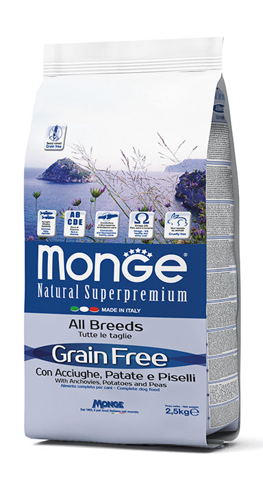 MONGE DOG Grain Free con Acciughe, Patate e Piselli – All Breeds