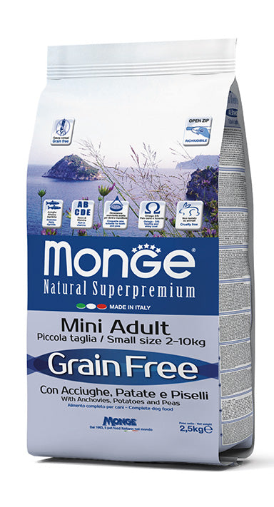 MONGE DOG Grain Free con Acciughe, Patate e Piselli – Mini Adult 2,5KG
