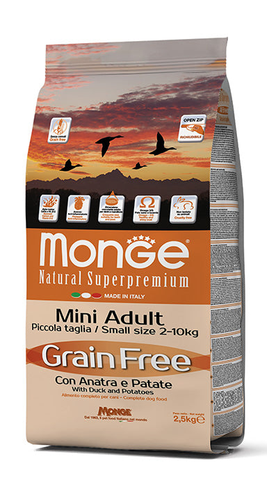 MONGE DOG Grain Free con Anatra e Patate – Mini Adult 2,5KG