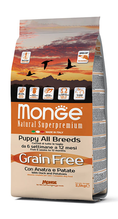 MONGE DOG Grain Free con Anatra e Patate – All Breeds Puppy 2,5kg